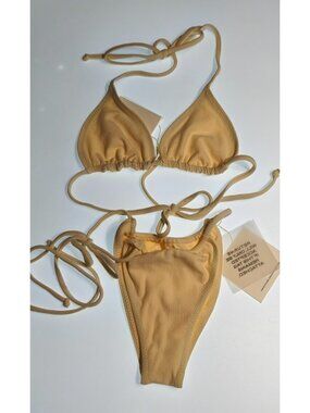 SAME Los Angeles Beige Faux Suede Triangle Bikini Set S NWT Halter Tie String Hi